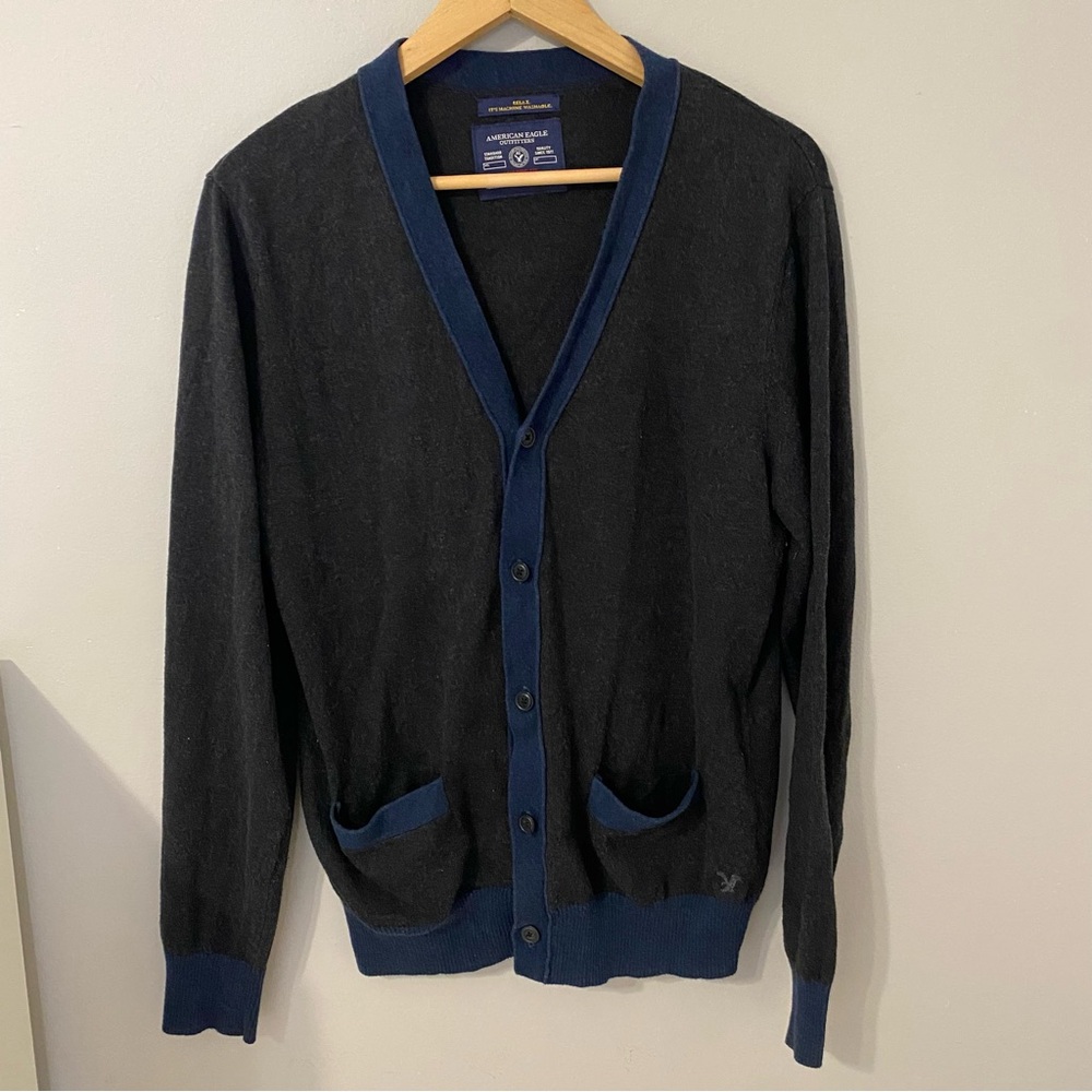 American Eagle Outfitters Men's Charcoal and Navy Cardigan Size M